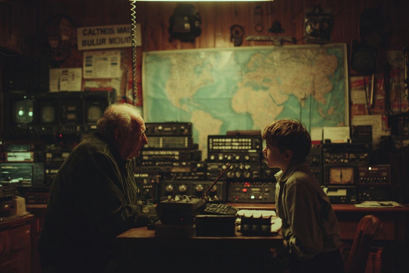 An elderly ham radio operator teaching a young student in a radio shack