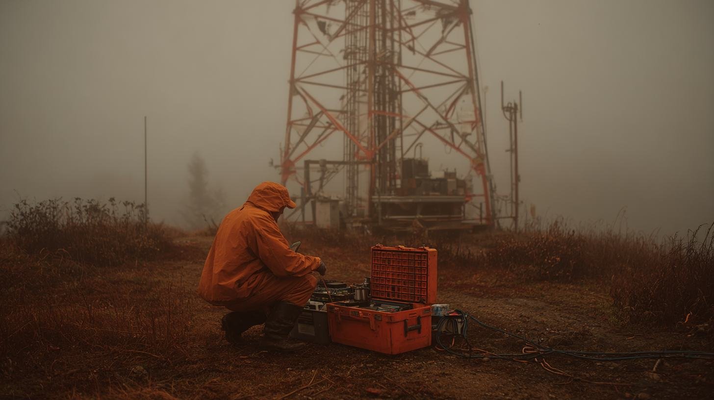 A volunteer in orange rain gear maintaining a radio tower in heavy fog